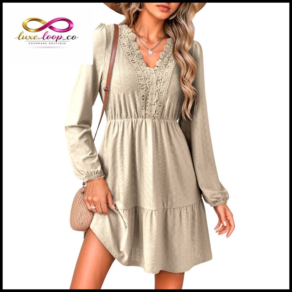 Lace Embroidered V-Neck Long Sleeve A-Line Swing Mini Dress Casual Elegant